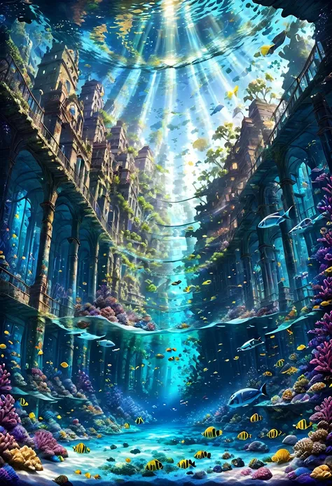 masterpiece, highest quality, ultra-detailed, high-definition background, 8k, hi-res, high quality. an underwater city with anci...