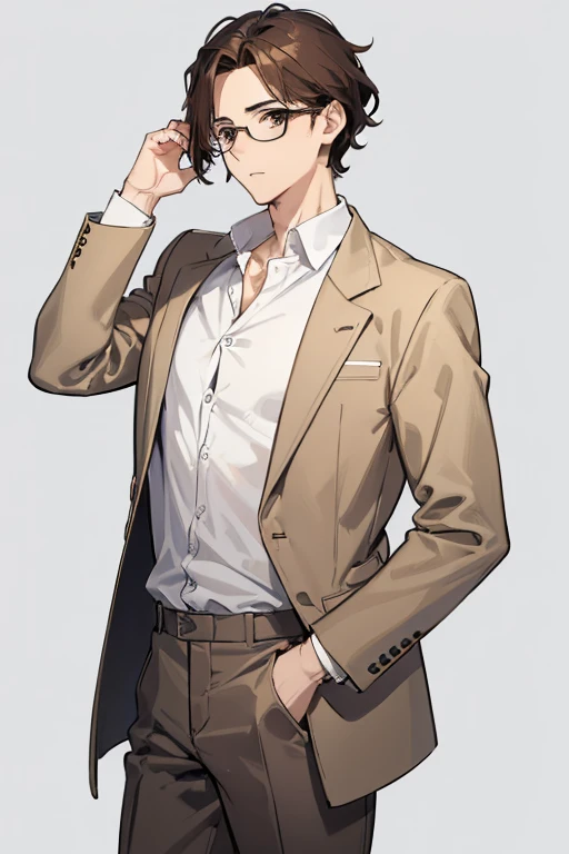 ((Highest quality)), ((masterpiece)), (detailed), One mature male、A photo showing your thighs to the top of your head、Standing facing the camera、Front facing、brown tailored jacket、Brown Hair、wavy hair、thick hair、Short Hair、Brown eyes、Glasses、Slim body、Whit...