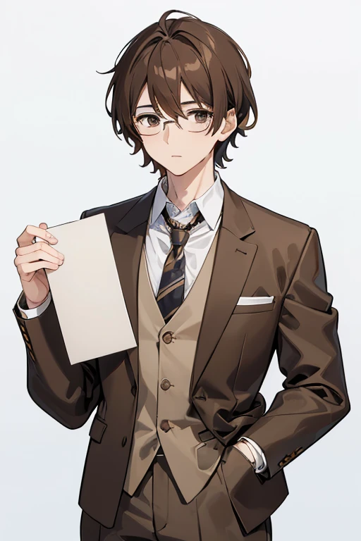 ((Highest quality)), ((masterpiece)), (detailed), One mature male、A photo showing your thighs to the top of your head、Standing facing the camera、Front facing、brown tailored jacket、Brown Hair、wavy hair、thick hair、Short Hair、Brown eyes、Glasses、Slim body、Whit...