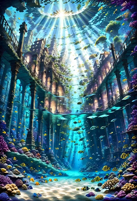 masterpiece, highest quality, ultra-detailed, high-definition background, 8k, hi-res, high quality. an underwater city with anci...