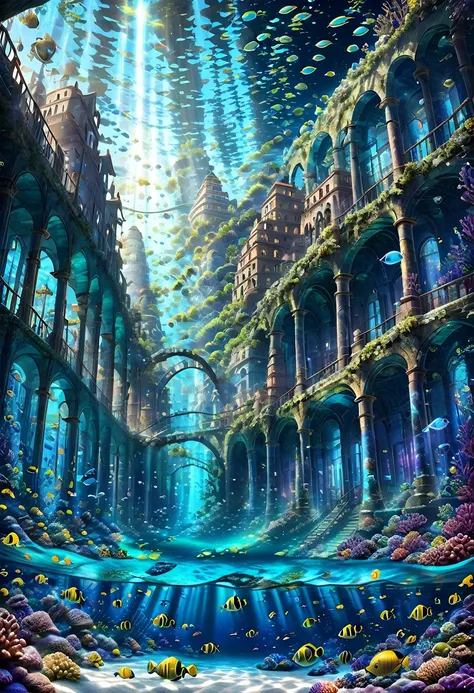 masterpiece, highest quality, ultra-detailed, high-definition background, 8k, hi-res, high quality. an underwater city with anci...