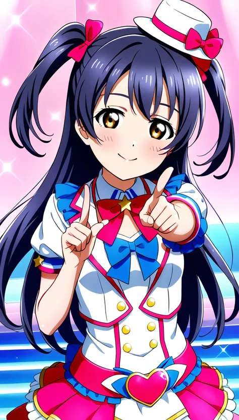 1girl, umi sonoda, upper body, idol costume, smile, id_umi_sonoda,pointing at the viewer,8k