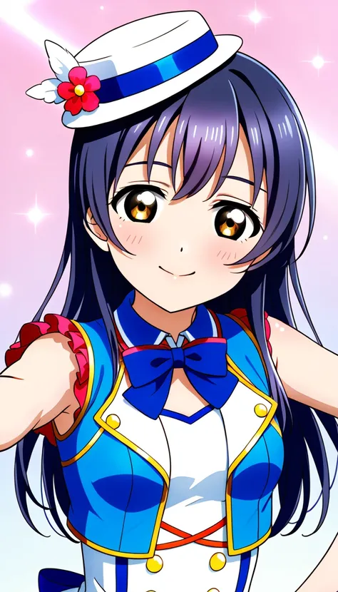 1girl, umi sonoda, upper body, idol costume, smile, id_umi_sonoda,pointing at the viewer,8k