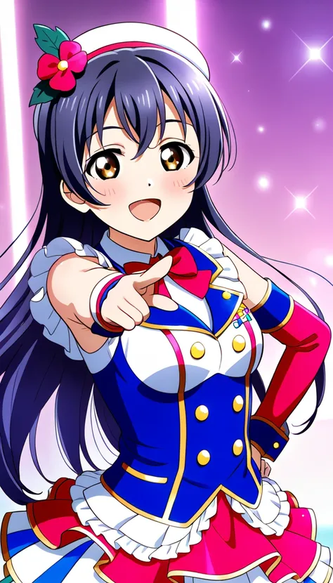 1girl, umi sonoda, upper body, idol costume, smile, id_umi_sonoda,pointing at the viewer,8k