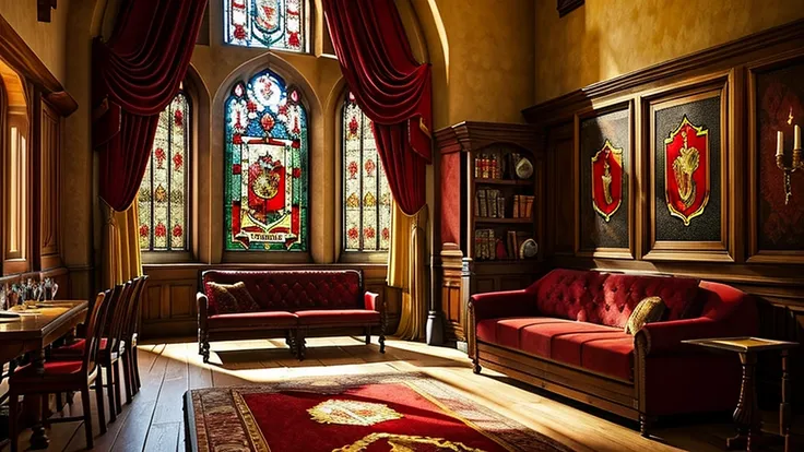 a cozy gryffindor common room, ornate arched windows, red curtains, red velvet rug, portrait paintings on walls, grand fireplace...