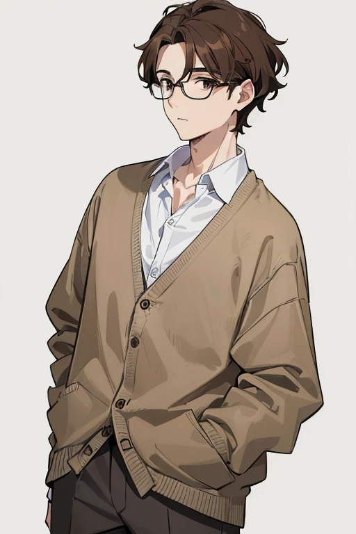 ((Highest quality)), ((masterpiece)), (detailed), ((One mature male))、((A photo showing your thighs to the top of your head))、(Standing facing the camera)、Front facing、Brown Hair、wavy hair、thick hair、Short Hair、Brown eyes、Glasses、Slim body、(Brown cardigan)...