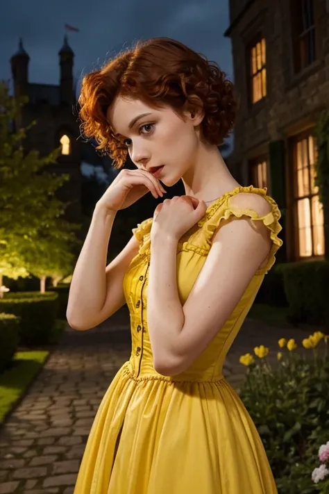  1.60, short curly hair, slim, flat bust, redhead, with punches on the face, yellow victorian dress, in the castle garden, at night, scared.