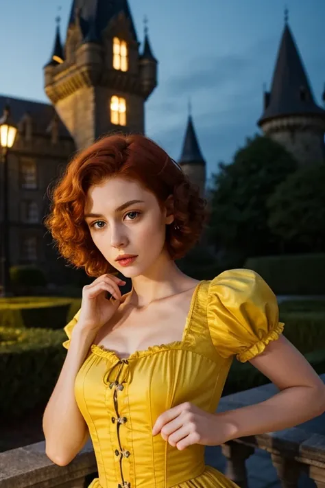  1.60, short curly hair, slim, flat bust, redhead, with punches on the face, yellow victorian dress, in the castle garden, at night, scared.