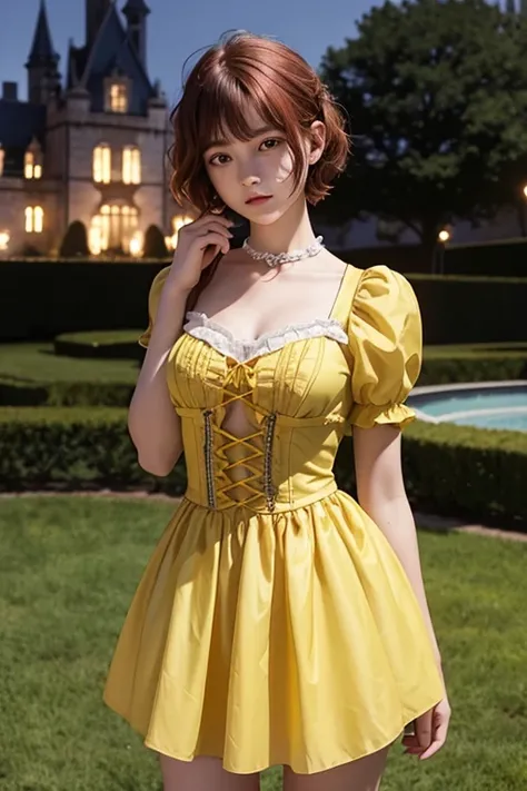 15 year old girl, short curly hair, slim, flat bust, redhead, with punches on the face, yellow victorian dress, in the castle garden, at night, scared. whole body 