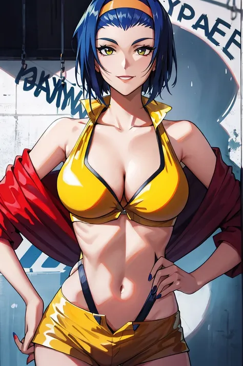 Faye Valentine, 1girl, blue hair, breasts, chain, cleavage, graffiti, hairband, hand on hip, hands on hips, headband, jacket, medium breasts, midriff, nail polish, navel, off shoulder, orange bikini, orange jacket, orange shorts, short hair, short shorts, ...