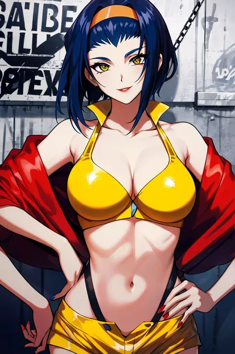 faye valentine, 1girl, blue hair, breasts, chain, cleavage, graffiti, hairband, hand on hip, hands on hips, headband, jacket, me...