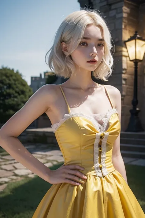 15 year old girl, Lovely, White hair, very curly short, slim, flat bust, redhead, with punches on the face, yellow victorian dress, whole body, in the castle garden, at night, 