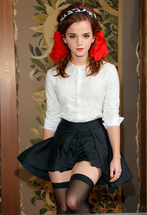 emma watson, very puffy curly red hair, head band, very tiny miniskirt, jacquard pantyhose , high heels, sun shiny day