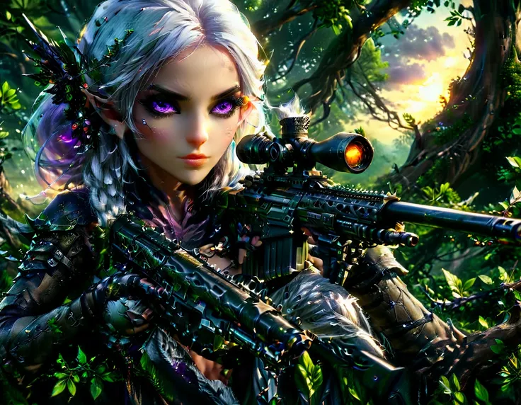 a portrait picture of a 1single female drow elf sniper, lying on a tree branch aiming a sniper rifle, an exotic beautiful elf sn...