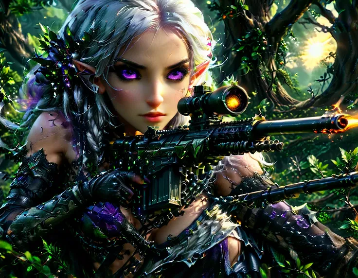 a portrait picture of a 1single female drow elf sniper, lying on a tree branch aiming a sniper rifle, an exotic beautiful elf sn...