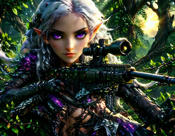 a portrait picture of a 1single female drow elf sniper, lying on a tree branch aiming a sniper rifle, an exotic beautiful elf sn...