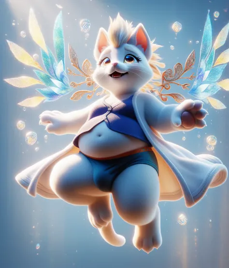 (Chubby female anthropomorphic cat), whole body, Crying with big tears flying, 明るいDaytimeの都会, White coat, high quality Fantasy art of a beautiful Adorable made of sun light, Adorable, Magic oasis, Fantasy, Daytime, sunlight, Magic, Very detailed, beautiful...