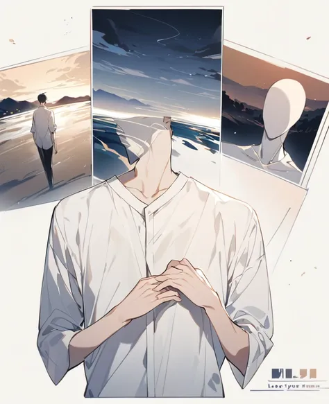 shirt、Man in a shirt、White shirt、Landscape、Horizontal view。Look to the side、Male close-up、Upper body view、Character Sheet、Put your arms forward、Laying hands、Place your hands in front of you、Slender Man、Thin men、Landscape、Right beside、