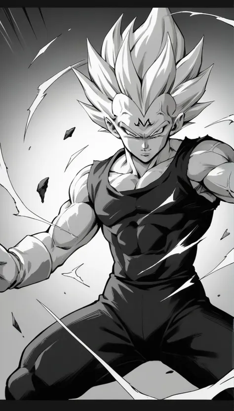 score_9, source_anime, score_8_up, score_7_up, black and white, lineart, drawing, sketch, 1boy, solo, ,   majin dramatic lightin...