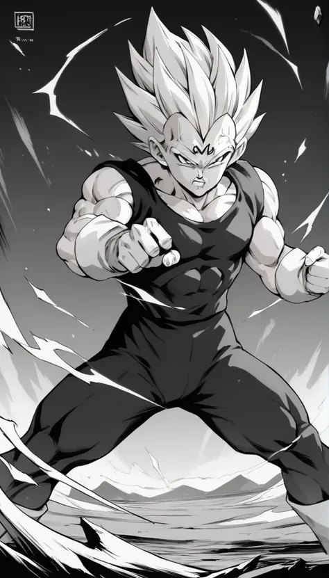 score_9, source_anime, score_8_up, score_7_up, black and white, lineart, drawing, sketch, 1boy, solo, ,   majin dramatic lightin...