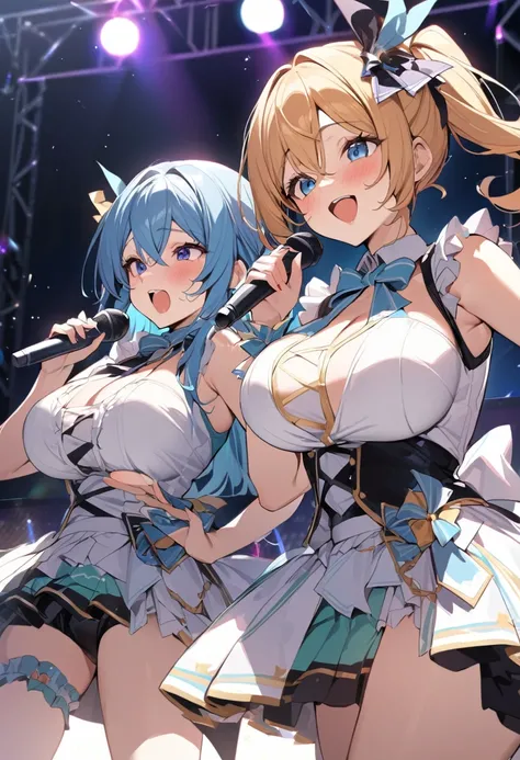 masterpiece, Highest quality, Beautiful face and eyes in every detail, Two Girls, Cute idol, Cool Idol, Event Stage, Cool idol costumes, sing, Laughter,Large Breasts（Huge breasts:1.8)