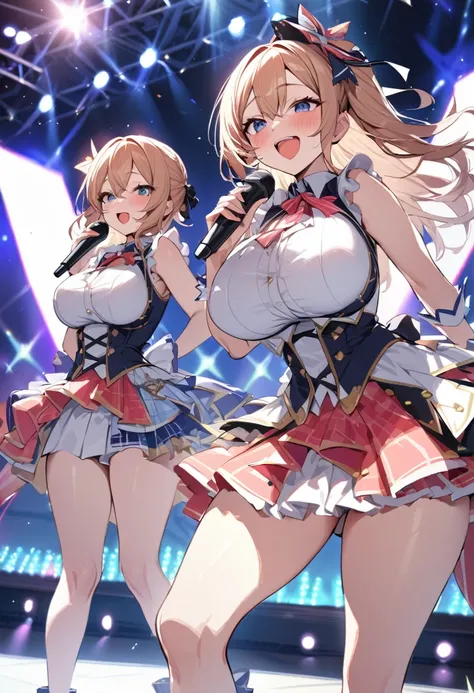 masterpiece, Highest quality, Beautiful face and eyes in every detail, Two Girls, Cute idol, Cool Idol, Event Stage, Cool idol costumes, sing, Laughter,Large Breasts（Huge breasts:1.8)