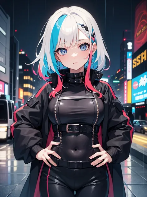 Portraiture, 1 girl, Beautiful Face, Asymmetrical hair, Multi-coloured hair, belt, Bodysuits, Covered my mouth, Covered navel, Removable sleeves, Grey Eyes, Hip vents, Open jacket, cute, View the viewer, City of night, neon, Rainy,