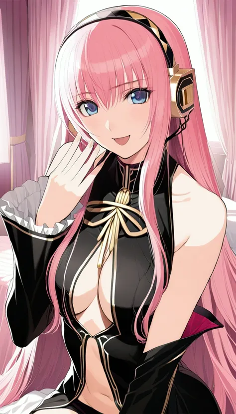 masterpiece,Detailed and beautiful depiction 1.1,Official Art,Beautiful adult woman ,Megurine Luka,Megurine Lukaの公式衣装,headphone,Black costume with gold decoration,Pink long hair,blue eyes,smile,Open your mouth,Mr.々A seductive pose,Bedroom