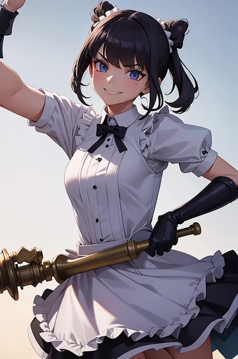 1girl, solo, battle maid, holding mace, evil smile, 