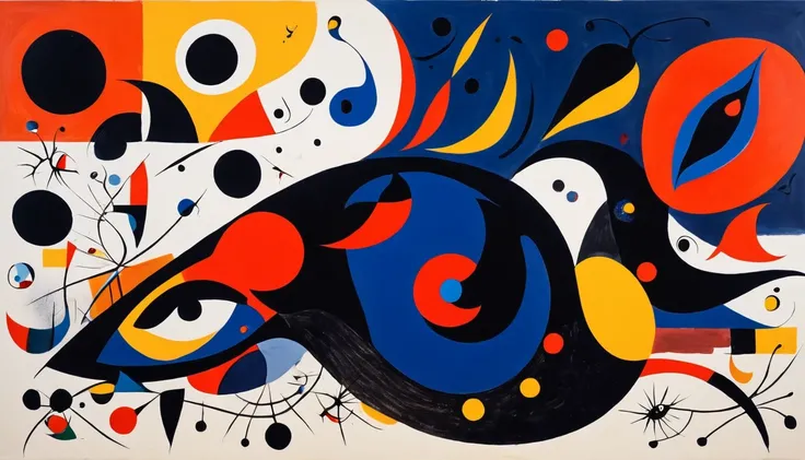 Create a painting in the style of Joan Miró, Element Transformation，Mainly red, orange, Dark Blue, black and white