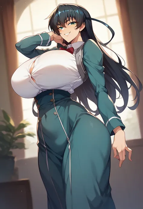 igawa asagi、black hair、long hair、green eyes、super huge breasts、、、smile、high school student、narrow waist、uniform、standing posture...