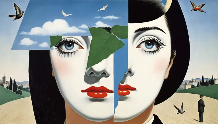 rene magritte，multi-layer collage，有一张女人脸的拼贴paintingpainting，there are many different things on the face，geometric dislocation，拼贴...