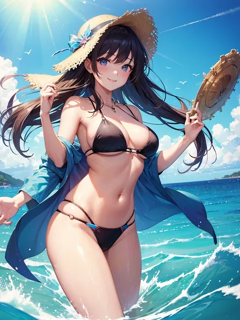 (masterpiece:1.5),(Beat quality),(high res),1girl solo,beautiful face,smile(shining eyes),light effects,swimwear women,Ocean