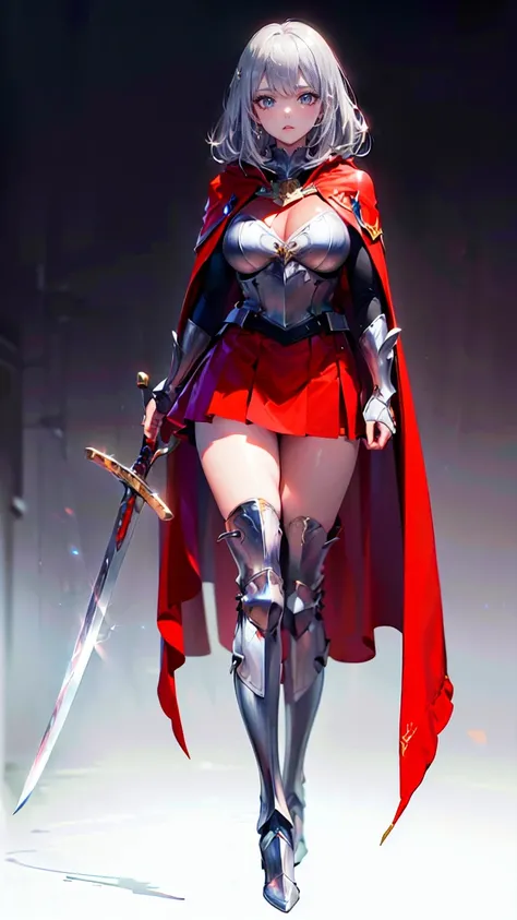 A girl wielding a sword，17 years old，Blonde long hair，Green Eyes，Silver metal armor covering the upper body，pleated micro mini skirt，((Thigh-length silver metal boots:1.6))，((Big red cape:1.8))，Beautifully decorated long sword，(((Open your legs and hold yo...