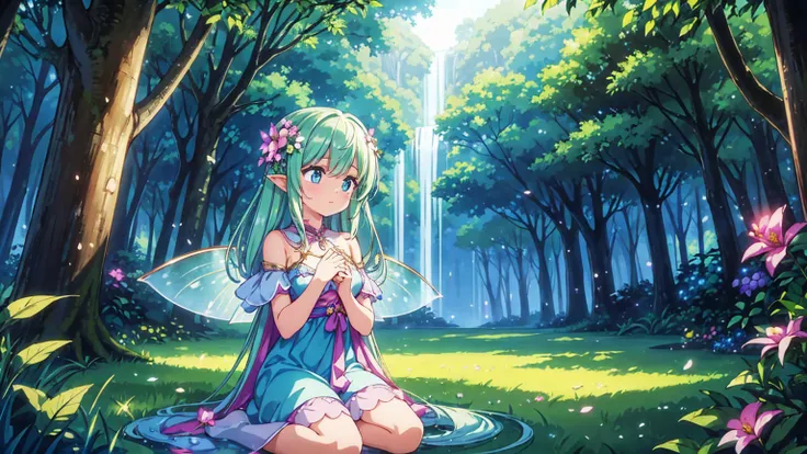 A young fairy girl in a beautiful, mystical forest. She has delicate wings that sparkle with light, and her hair is long and flowing. She wears a dress made of flower petals and leaves, and her expression is curious and joyful. The forest around her is lus...