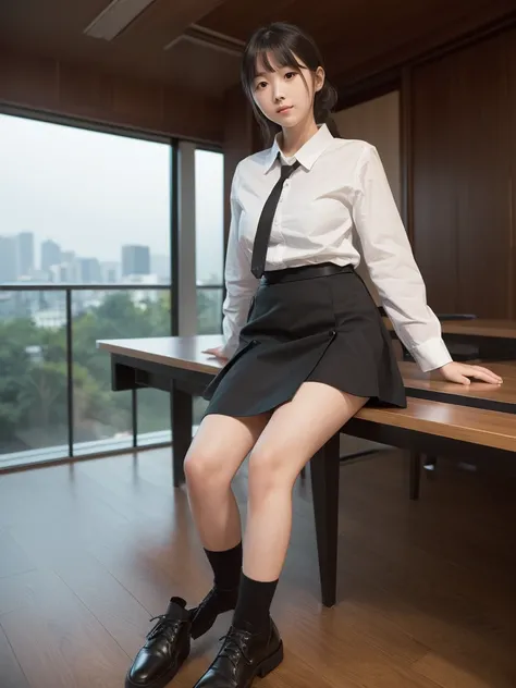 (Tabletop,high quality:1.3),(Depth of written boundary:1.3) ,((Front body:1.35)), Japanese , OL,((21 years old)),Standard height, KK-60, White shirt, Black skirt above the knee,(View your viewers:1.3),(whole body:1.2),No background