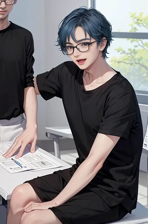 1 boy, age 5-6 years ,Solo, sitting (Looking at the audience), (black shirt:1.5), long skirt ,Stylish clothes Childish man wearing glasses /(blue hair/) Worried face, open mouth (The best quality masterpiece:1.2) , Delicate illustrations, Special details, ...