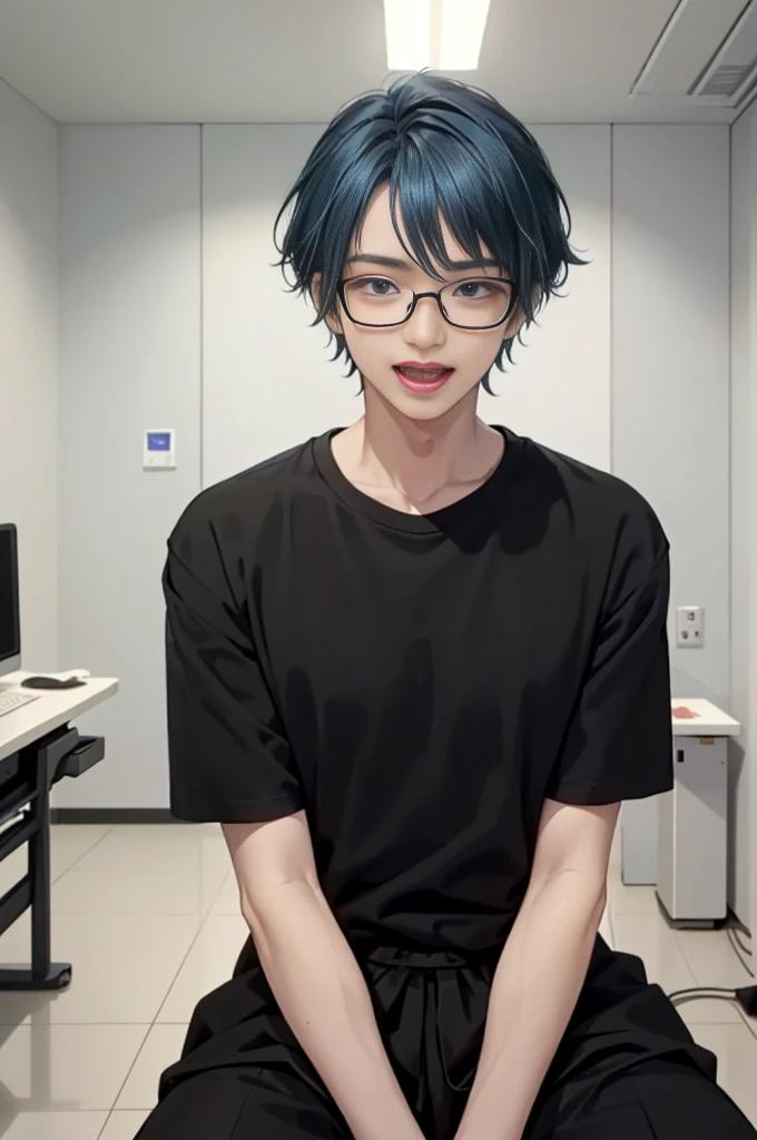 1 boy, age 5-6 years ,Solo, sitting (Looking at the audience), (black shirt:1.5), long skirt ,Stylish clothes Childish man wearing glasses /(blue hair/) Worried face, open mouth (The best quality masterpiece:1.2) , Delicate illustrations, Special details, ...