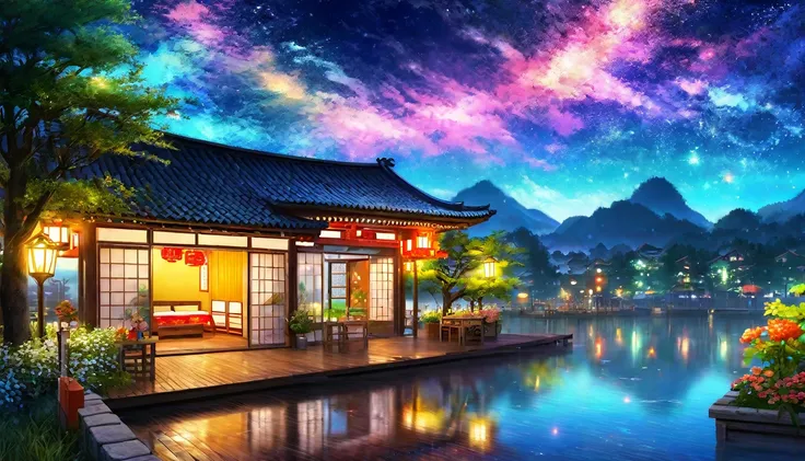 Summer Festival,night, Starry Sky,Glitter effect,Highest quality, 8k, High resolution, masterpiece:1.2, Very detailed, Realistic:1.37, High resolution, 超High resolution, Ultra-fine painting, Very detailed, Professional, Vibrant colors