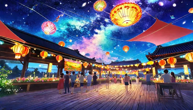 summer festival,night, starry sky,glitter effect,highest quality, 8k, high resolution, masterpiece:1.2, very detailed, realistic...