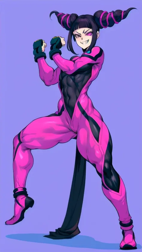 full body image of juri han from street fighter 6, wearing her original outfit (purple and black bodysuit with pink accents), sh...