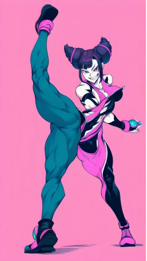 full body image of juri han from street fighter 6, wearing her original outfit (purple and black bodysuit with pink accents), sh...