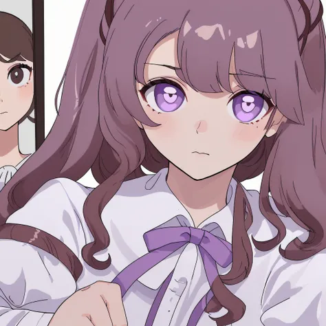 Female in her 20s, long brown hair, wavy hair, large light purple ribbon on top of head, pompadour bangs, white skin tone, holding mirror in left hand, right hand on cheek, wearing white blouse, close-up of face, straight face
