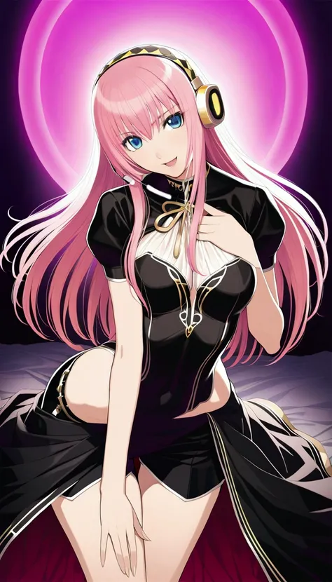 masterpiece,Detailed and beautiful depiction 1.1,Official Art,Beautiful adult woman ,Megurine Luka,Megurine Lukaの公式衣装,headphone,Black costume with gold decoration,Pink long hair,blue eyes,smile,Open your mouth,Mr.々A seductive pose,Lift up your skirt to sho...