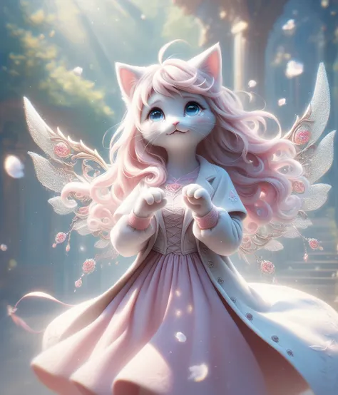 (Female anthropomorphic cat infant), whole body, Crying with big tears flying, 明るいDaytimeの都会, White coat, high quality Adorable made of sun light, Adorable, Fantasy, Daytime, sunlight, Very detailed, beautiful,Whimsical, High-resolution images, White T-shi...