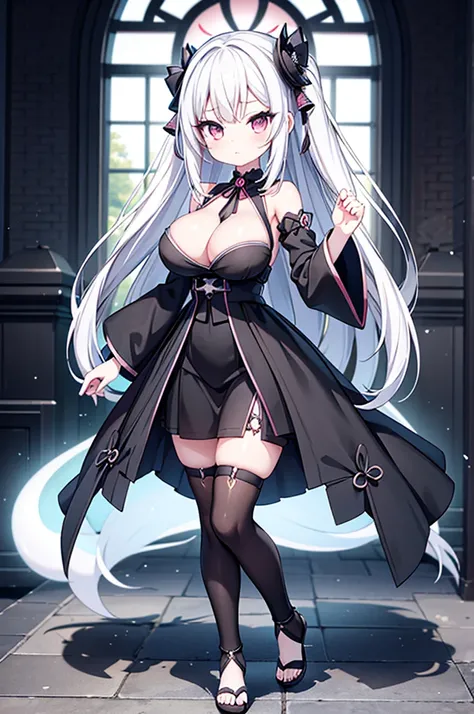 Anime-style image of a woman with white hair and black clothing, Cute 3D anime girl render, Cute anime waifu in a nice dress, Anime VTuber Full Body Model, Anime girl in a black dress, Gothic Maiden Anime Girl, Highly detailed characters, Official characte...