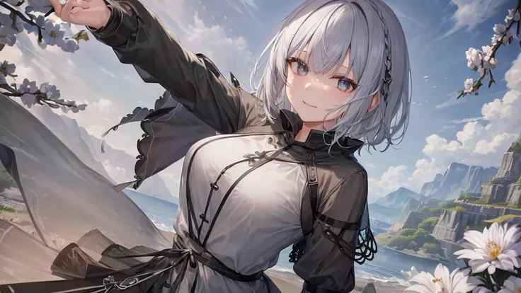 とてもShort Hair, Long bangs between the eyes, Very detailed,(masterpiece、Highest quality)、alone、Gray Hair、Fantasy, Silver Hair, Fantasyな風景、smile、Open your mouth、short hair、Short Hair、hairpin、black eye、Grey Eyes、Beautiful Eyes、Black Shirt、White hoodie