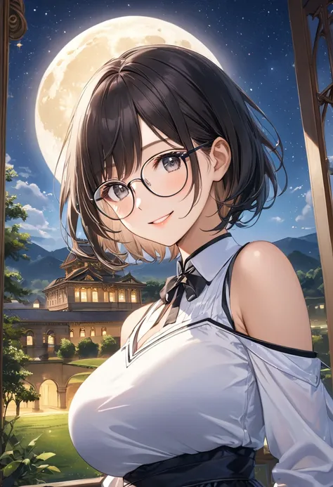 Highest quality, Highest Resolution, Super detailed,１People Girls, Inside the palace,Big Breasts, Rural landscape,A starry sky,full moon,Short Hair,Glasses,smile,Sparkling,Exciting