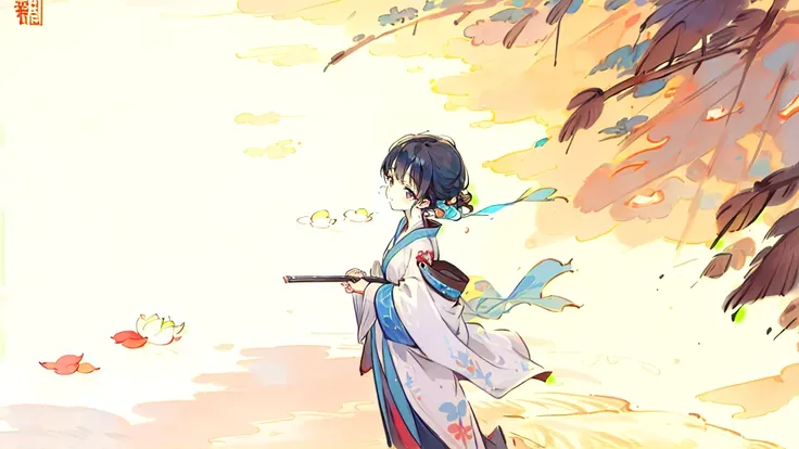 ((4K,masterpiece,Highest quality)), Shui Movissim, Traditional Chinese Ink Painting, Lotus,  Hanfu, Maxi Kit, A girl dressed modestly, alone, Long Blue Hair, smile, Are standing, Soak your feet in water, barefoot,
 