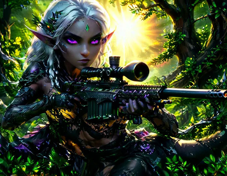 a portrait picture of a 1single female drow elf sniper, lying on a tree branch aiming a sniper rifle, an exotic beautiful elf sn...